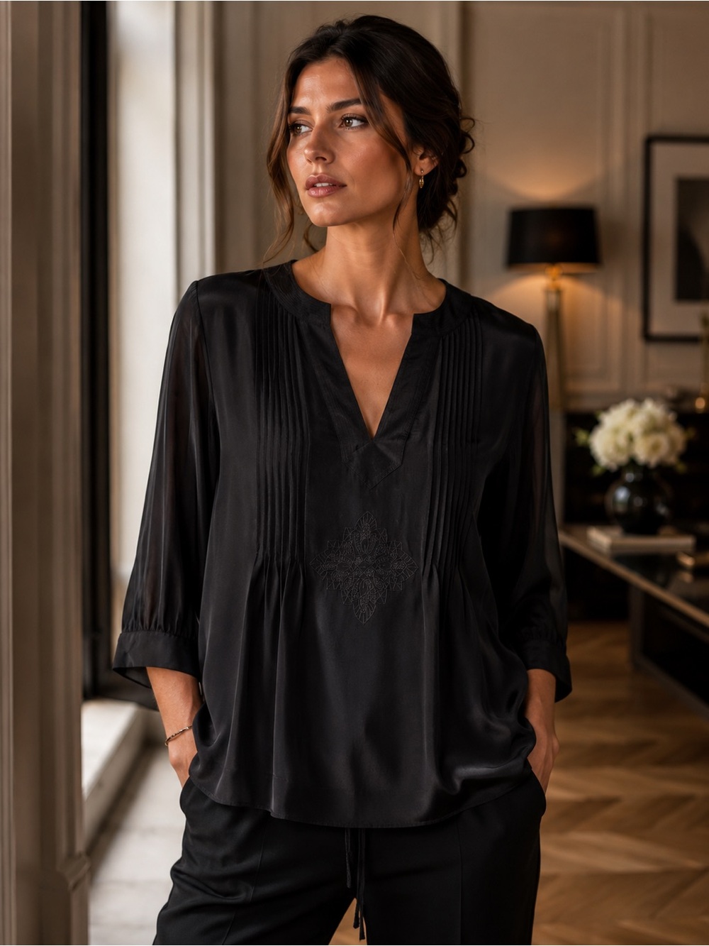 Sandra Angelozzi Silk Chiffon Sheer Black V-neck Boho Blouse Size M